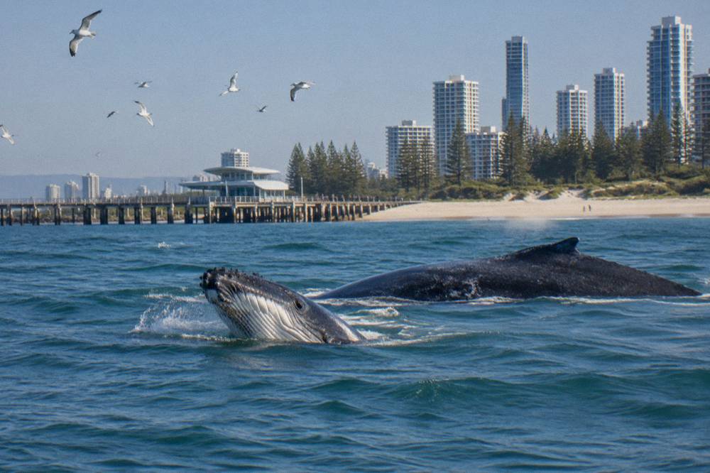 A whale calf rolling at the surface beside a larger adult whale in calm coastal water