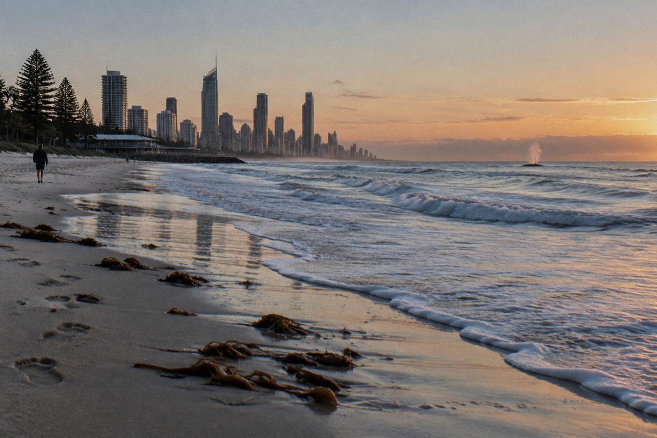 Ocean horizon from a Gold Coast beach with distant whale spray