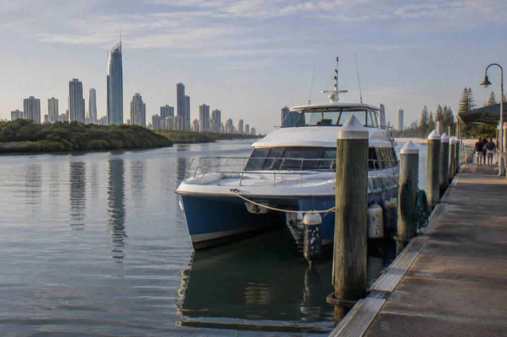 A whale watching catamaran tied up at a marina pontoon in the morning