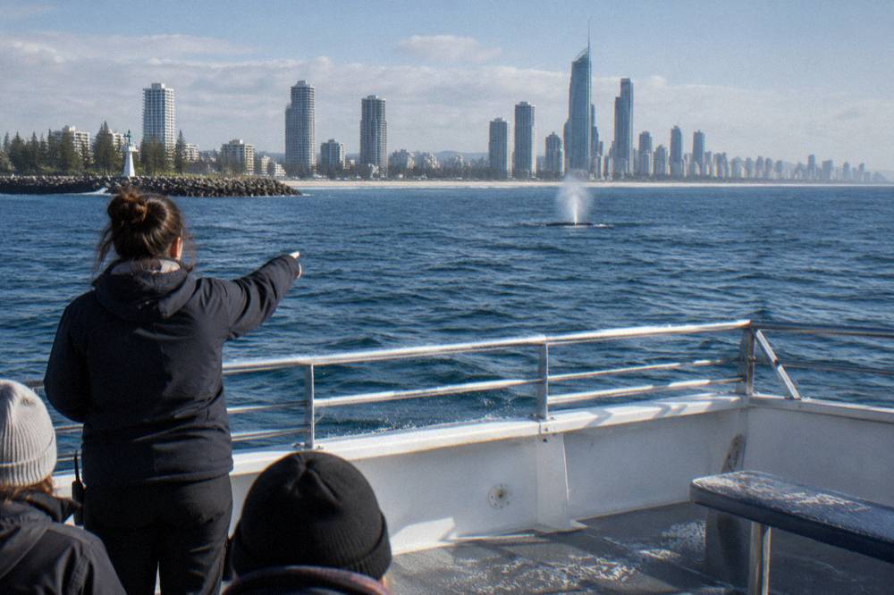 A crew member pointing toward the open ocean from the deck of a whale watching boat
