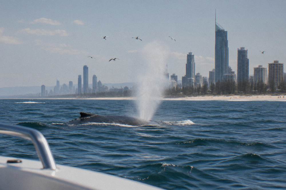 A humpback whale surfacing and exhaling a vapour blow near a watching boat