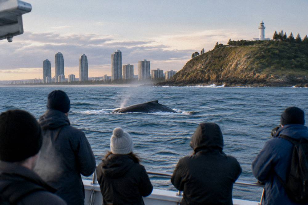 Passengers in jackets watching from the rails of a whale watching boat in winter light
