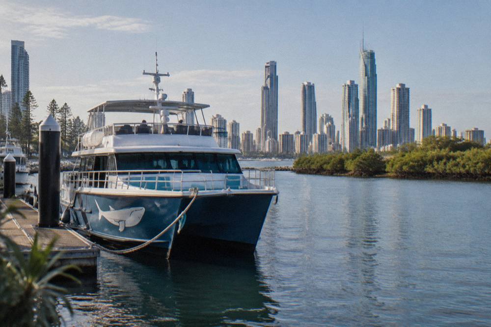 A whale watching vessel at a marina berth beside tall apartment towers